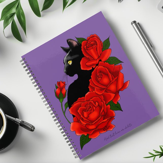 Agenda Gótico Gato Preto Rosas Vermelhas Roxo (Criador carregado)