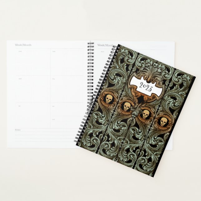 Agenda Gótico Personalizado - Ornamento Verde e Crânio (Exibição)