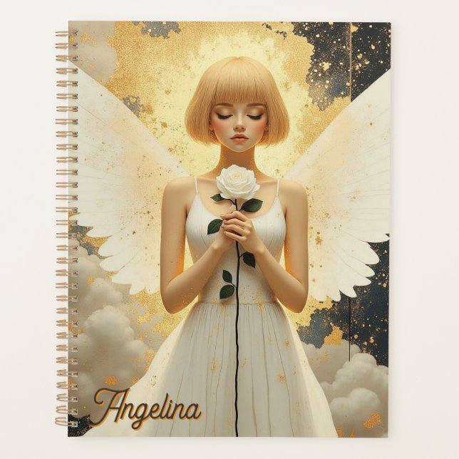 Agenda Graça Celestial Anjo Bonito e Rosa Personalizado (Frente)