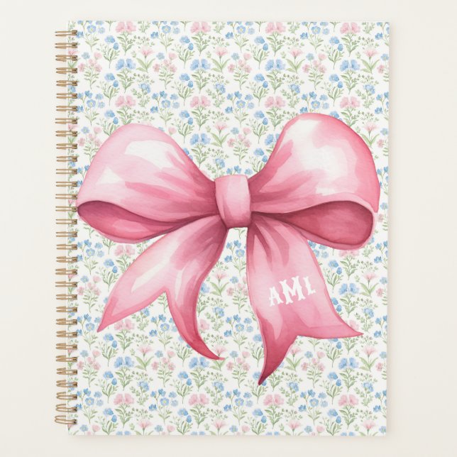 Agenda Grande Floral Monograma com Laço Rosa (Frente)
