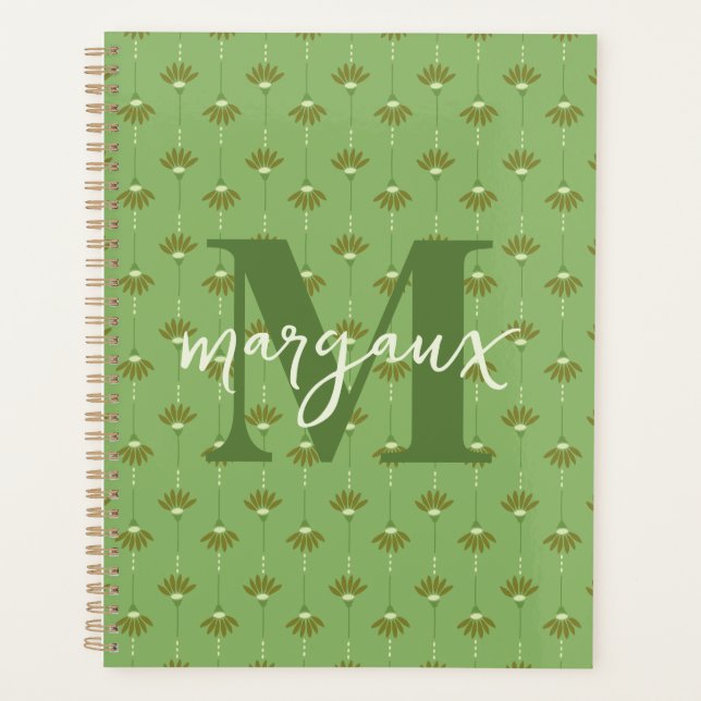 Agenda Green Boho Floral Personalizado Monograma Nome (Frente)