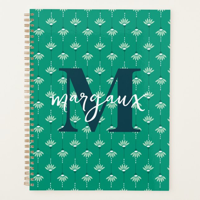 Agenda Green Boho Floral Personalizado Monograma Nome (Frente)