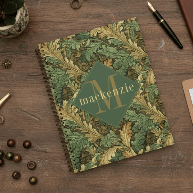 Agenda Green Tan Foliage William Morris Elegant Monogram (Criador carregado)