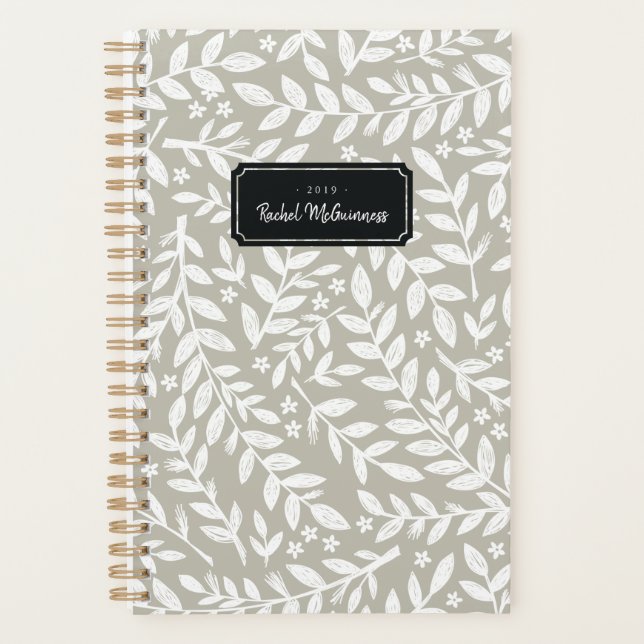 Agenda Greige Sketch Floral Year e Name Planner (Frente)