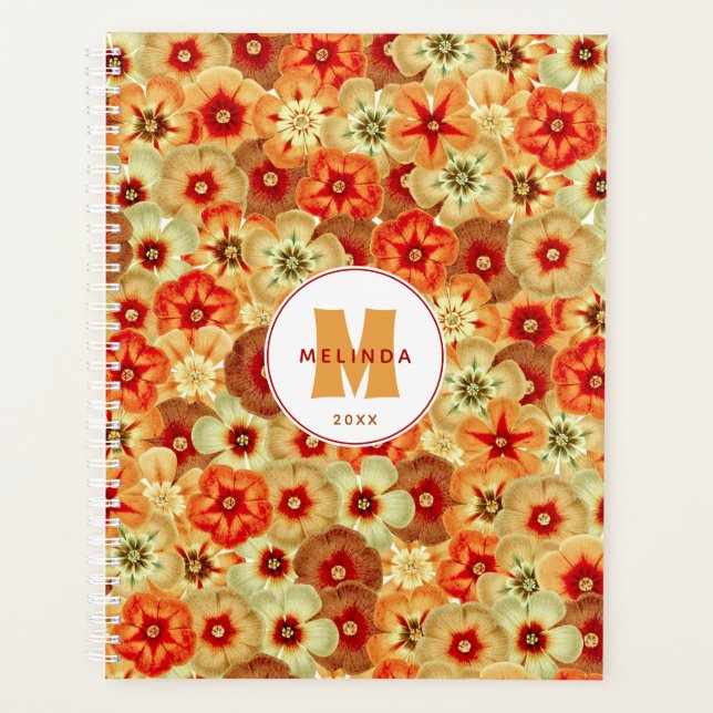 Agenda Groovy Retro Orange Hippie Flowers Monograma (Frente)