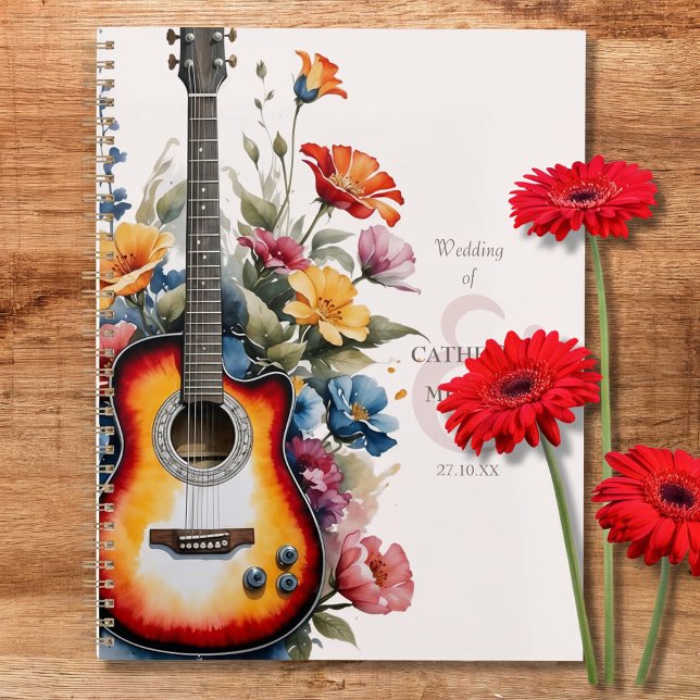 Agenda Guitar Flor Silvestre Ampersand Casamento Musical (Flat lay guitar wedding planner with modern elegant watercolor floral cottage garden Wedding Planner)