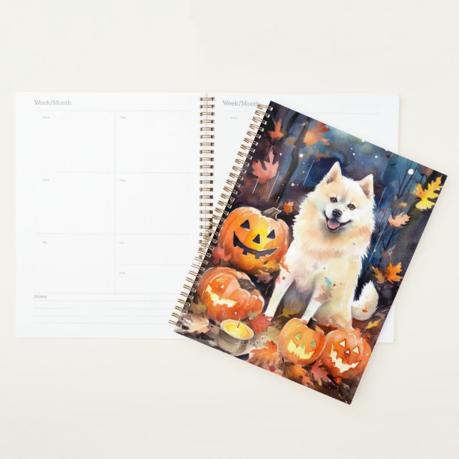 Agenda Halloween American Akita Com Pumpkins Assustado (Exibição)