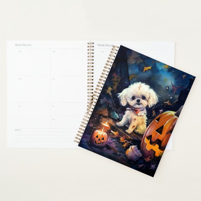 Agenda Halloween Bichon Frise Com Pumpkins Assustado (Exibição)