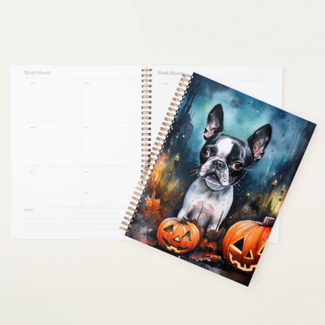 Agenda Halloween Boston Terrier Com Pumpkins Assustado (Exibição)