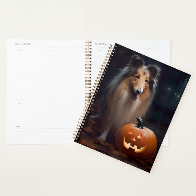 Agenda Halloween Rough Collie Com Pumpkins Assustado (Exibição)