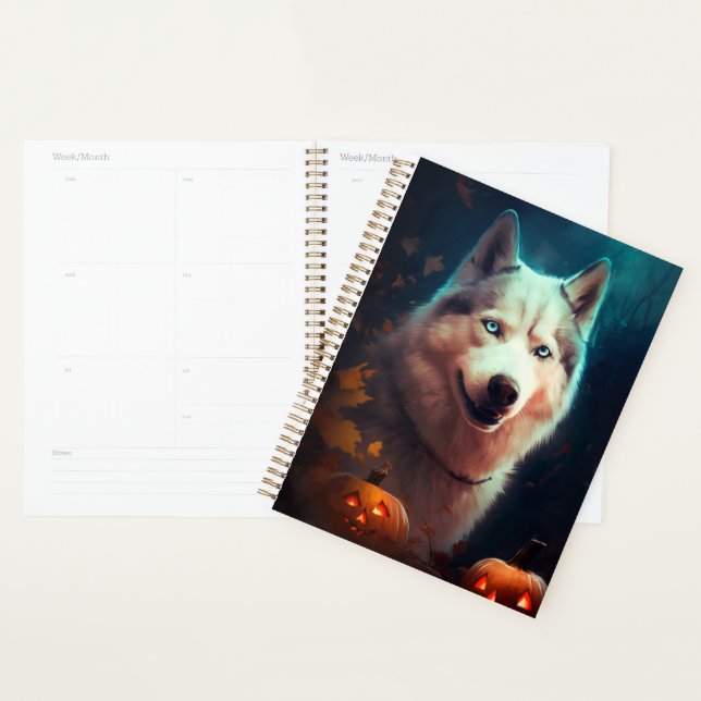 Agenda Halloween Siberian Husky Com Pumpkins Assustado (Exibição)