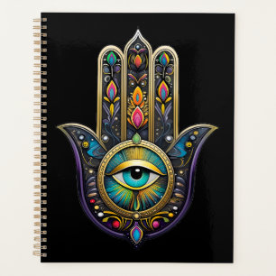 Agenda Hamsa Preto Colorido com Terceiro Olho Turquesa