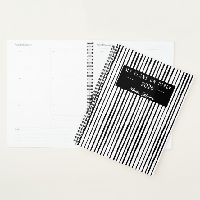 Agenda Hand Drawn Black & White Stripes Yearly Planner (Exibição)