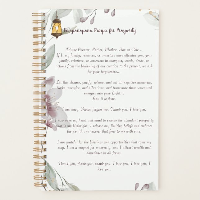 Agenda Ho'oponopono Prayer para a Prosperidade (Frente)