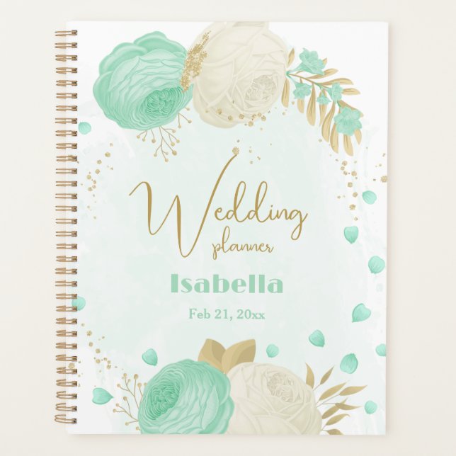 Agenda hortelã flores brancas de ouro casamento floral (Frente)