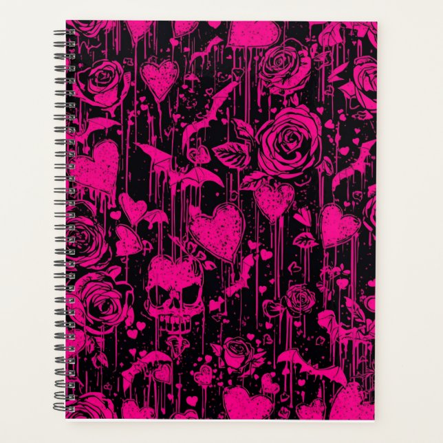 Agenda Hot Pink Gothic Roses & Skulls Pattern (Frente)