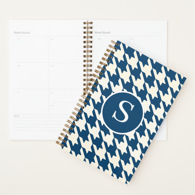 Agenda Houndstooth Clássico Encore Monograma Azul e Branc (Exibição)