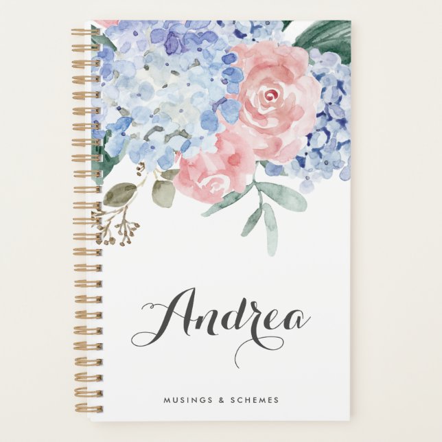 Agenda Hydrangeas Azuis e Script de Rosas Rosa (Frente)