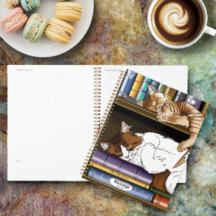 Agenda Ilustração de Estante de Livros de Gatos Adormecid