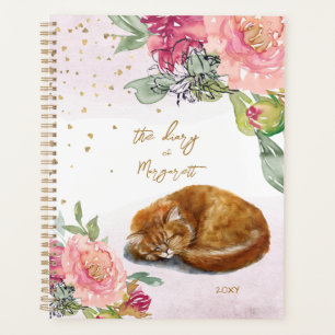 Agenda Ilustração de Gato Sonolento Rapariga Flor Diário