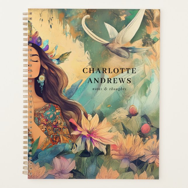Agenda Ilustração de Mulher Espiritual Boho Mística (Frente)