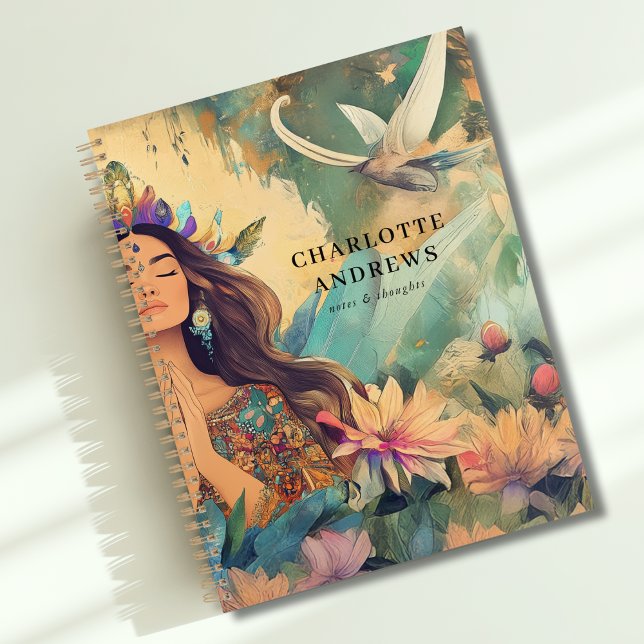 Agenda Ilustração de Mulher Espiritual Boho Mística (Boho Mystic Spiritual Woman Illustration Planner with your Name or Text)