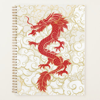Agenda Ilustração do Dragão Chinês Vermelho e Dourado