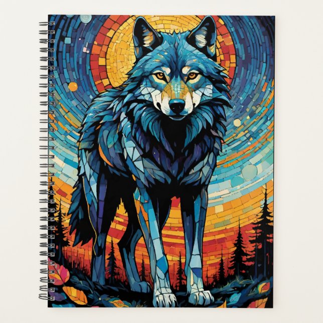 Agenda Ilustração Mosaica Colorida do Lobo Majestoso (Frente)