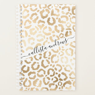 Agenda Impressão Animal Leopardo Branco Dourado Elegante