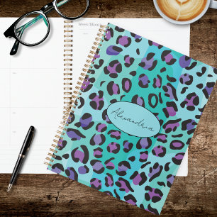 Agenda Impressão de leopardo azul e roxo retrô