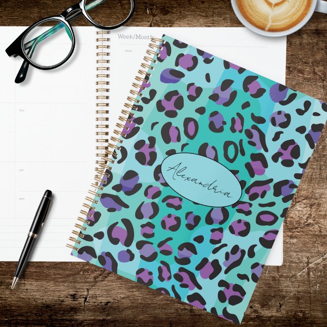 Agenda Impressão de leopardo azul e roxo retrô (Criador carregado)