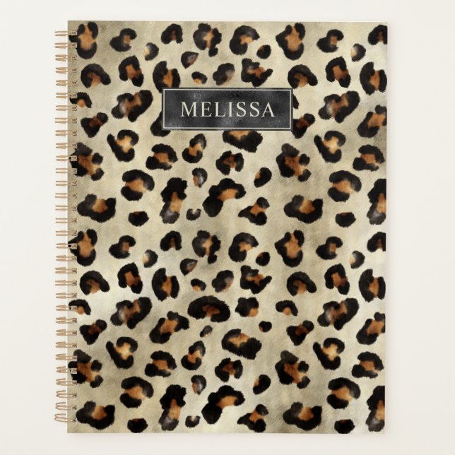 Agenda Impressão de leopardo com folha falsa preta e nome (Frente)