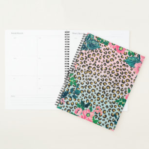 Agenda Impressão de Leopardo Floral de Ombre Rosa Girass