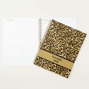Agenda Impressão de leopardo preta e dourada personalizad