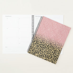 Agenda Impressão de Leopardo Preto Glitter Dourado Elega
