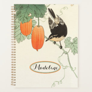 Agenda Impressão japonês, pássaro e Fruta laranja