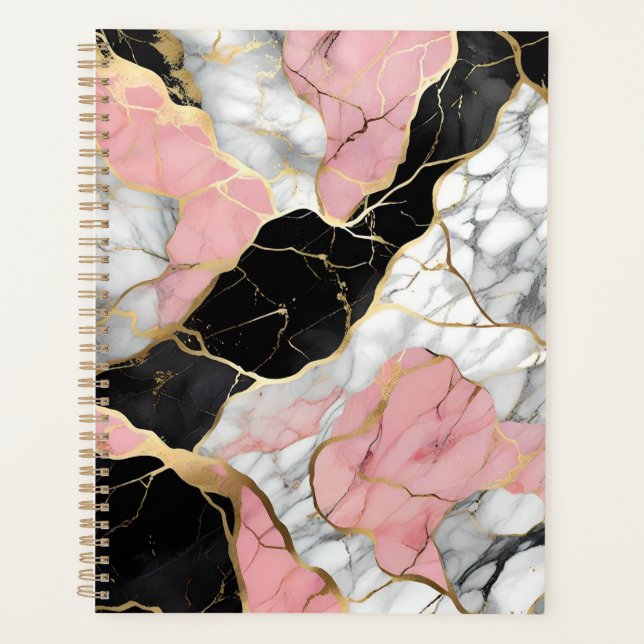 Agenda Impressão Personalizada de Mármore Rosa e Dourado (Frente)