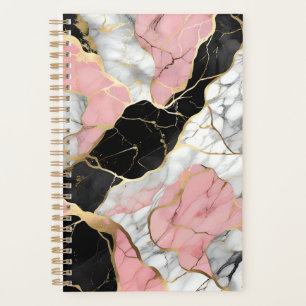 Agenda Impressão Personalizada de Mármore Rosa e Dourado