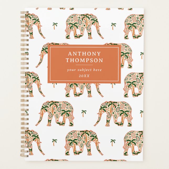 Agenda Indian Floral Paisley Ornate Elephants Custom Name (Frente)