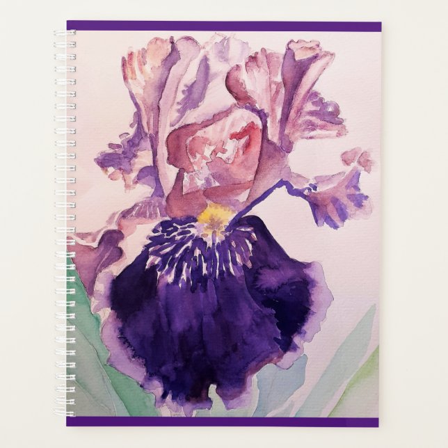 Agenda Iris irises Gloriosa Flor Roxo Aquarela Arte (Frente)