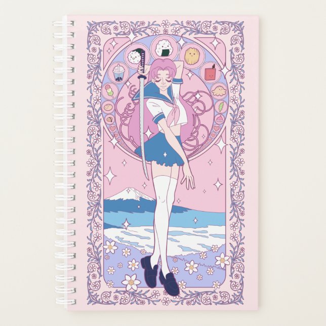 Agenda Japonês Pink Anime Schoolgirl Art Nouveau Inglês (Frente)