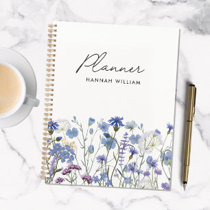 Agenda Jardim de Flores Silvestres em Aquarela Azul Monog