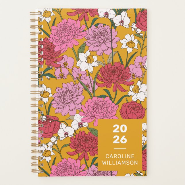 Agenda Jardim Floral Boho Amarelo Nome Personalizado (Frente)