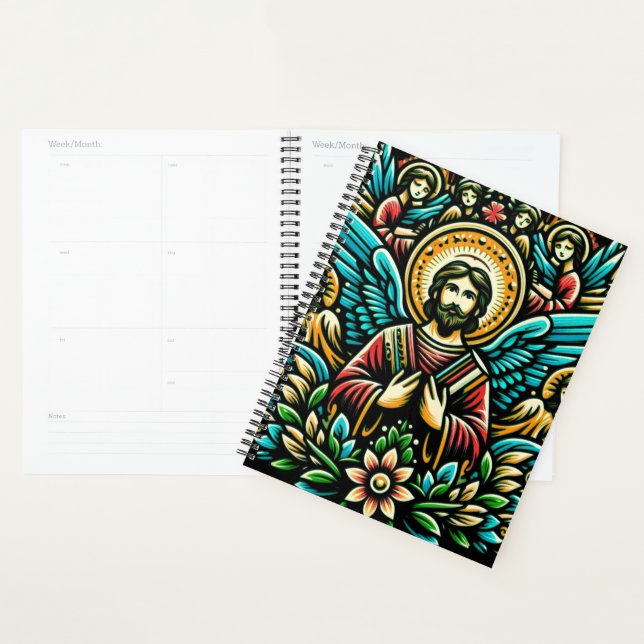 Agenda Jesus cercado por oito anjos e motivo floral (Exibição)
