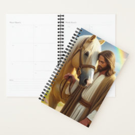 Agenda Jesus com cavalo Palomino em uma paisagem cênica