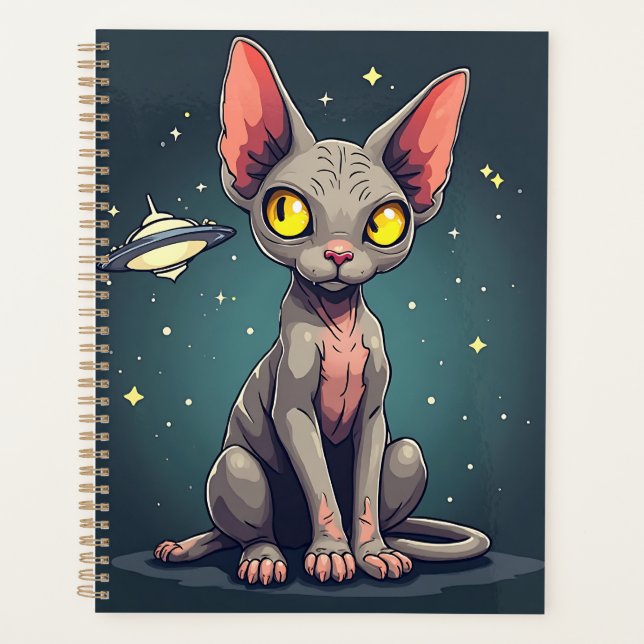 Agenda Judging Sphynx Cat UFO Space Cartoon Art (Frente)