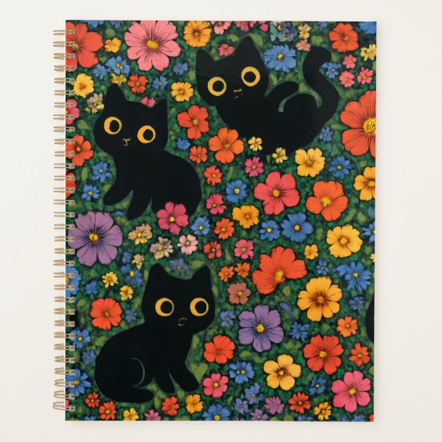 Agenda Kawaii Garden Art | Cute Black Cat Floral Pattern (Frente)