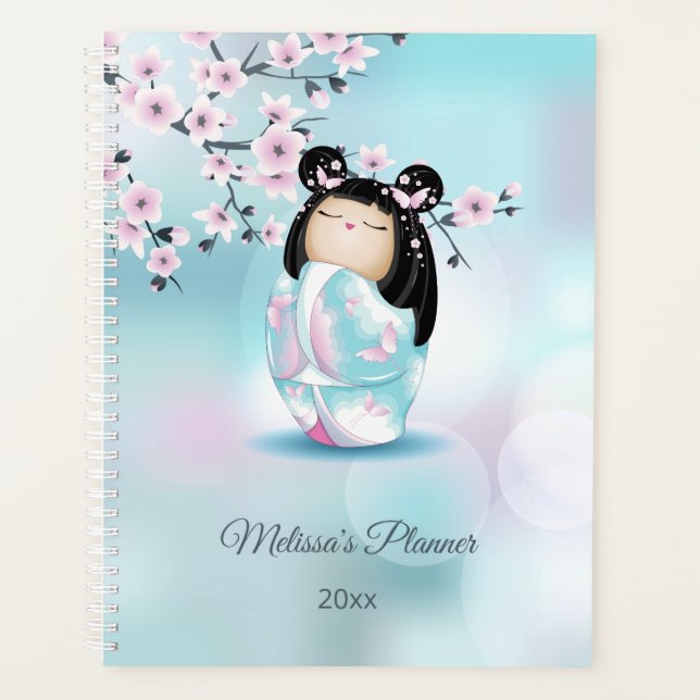Agenda Kokeshi Doll Cherry Blossom Pink Turquoise Nome (Frente)