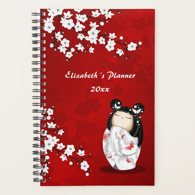 Agenda Kokeshi Doll Red White Chersom Flor Seu Nome (Frente)