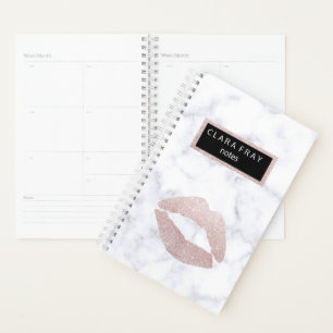 Agenda lábios brilhantes de ouro rosa, elegantes, mármo